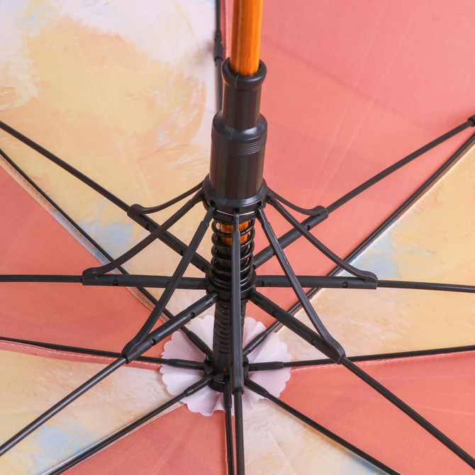 A wooden umbrella with a curved handle featuring a pastel-coloured canopy and a sturdy black frame structure.