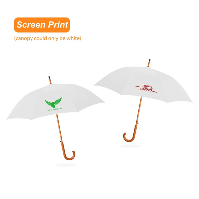 Two white umbrellas with curved wooden handles, featuring logos in green and red. Both have a curved hook handle.
