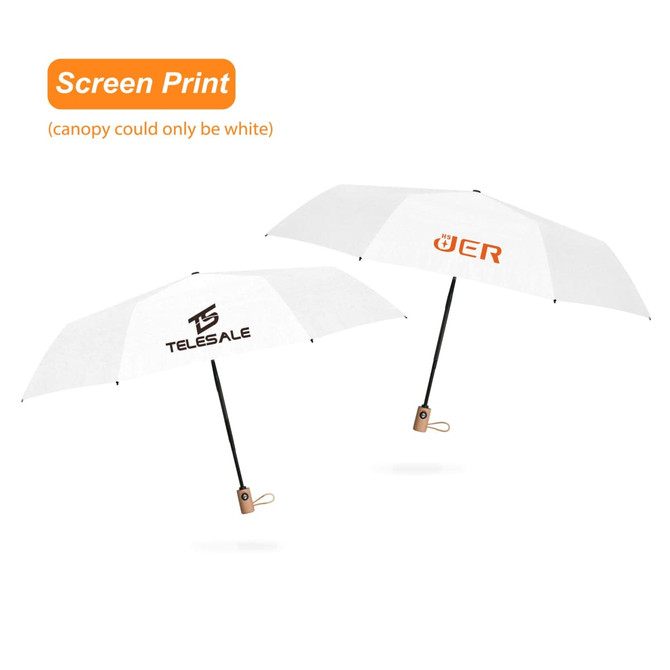 A triple folding RPET umbrella in white with a black handle and logos printed on the canopy.