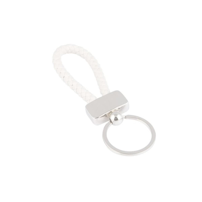 A silver metal keyring tag with a braided white loop. It includes a circular keyring attachment.