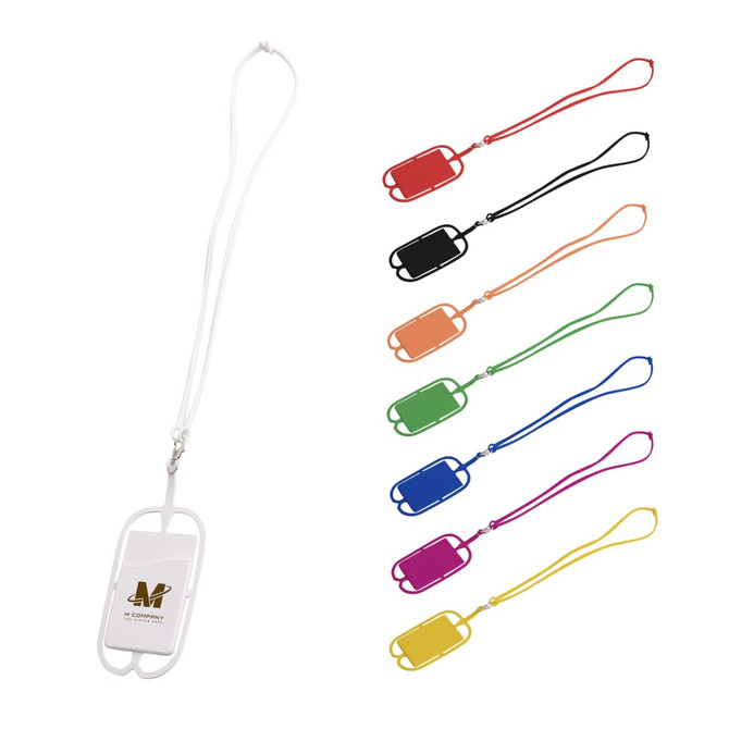 A phone holder with silicone lanyard available in various colours, including white, black, orange, green, purple, pink, and yellow.