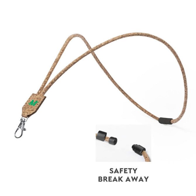 A cork lanyard in a natural brown colour with a key clip and safety breakaway feature. It has a logo on the attachment.