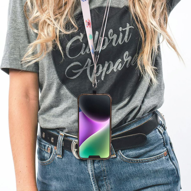 An adjustable RPET phone lanyard in a stylish design, featuring a phone securely attached. The lanyard has a logo.