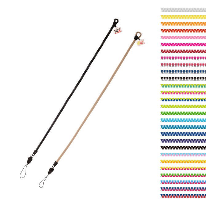 A black and a beige zipper lanyard with PVC tags, displayed alongside various colour options.