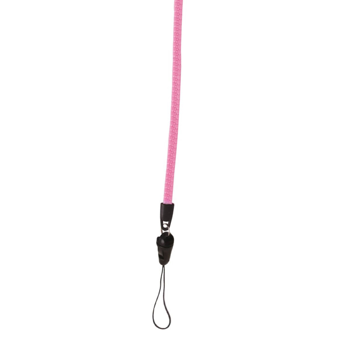 A pink zipper lanyard with a PVC tag and a black attachment clip.