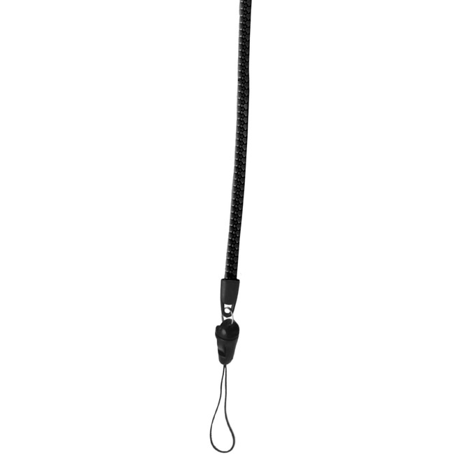 A black zipper lanyard featuring a PVC tag attachment at one end.