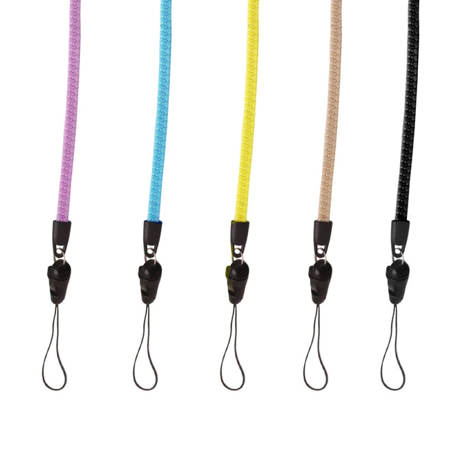 Zipper lanyards in purple, blue, yellow, beige, and black with PVC tags and a secure clasp.