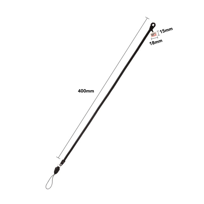 A black zipper lanyard with a PVC tag, measuring 400mm in length and 18mm in width.