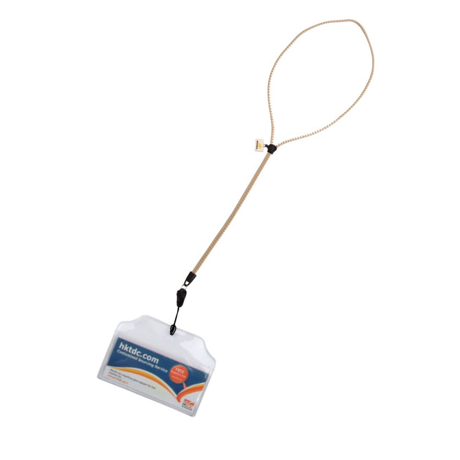 A beige zipper lanyard with a clear PVC tag attached, featuring a branding logo.