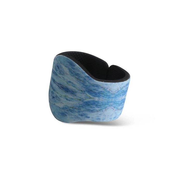 A drink bottle holder in a custom blue wave pattern with a black interior and branding.