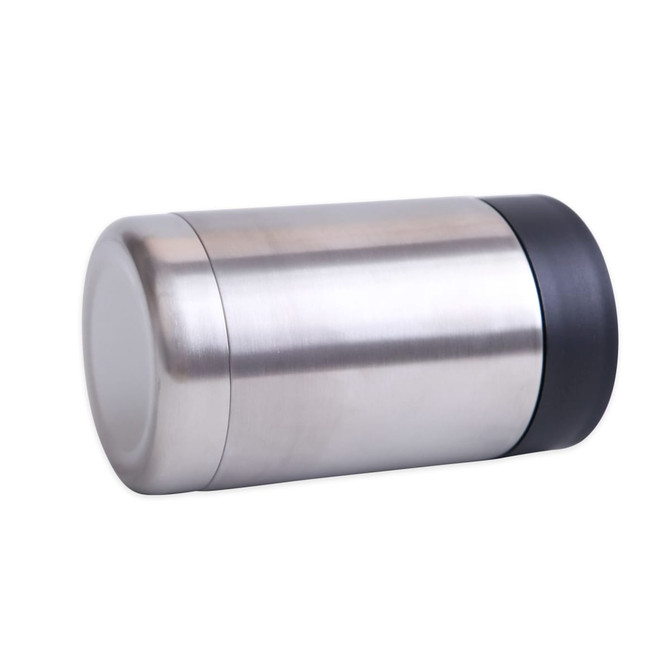 A 14oz stainless steel stubby holder with a black base, featuring a sleek, polished silver finish and a logo.