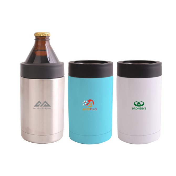 A 14oz stainless steel stubby holder in silver, with two additional coloured holders in blue and white, featuring logos.