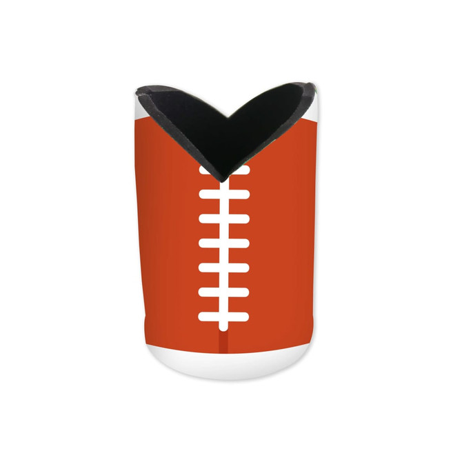 A drink bottle holder in brown and white, featuring a football design and a black interior. Includes a logo.