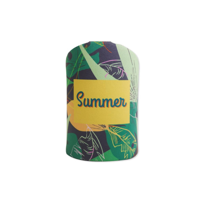 A drink bottle holder in green with tropical leaf patterns and a yellow label. Features a logo on the front.