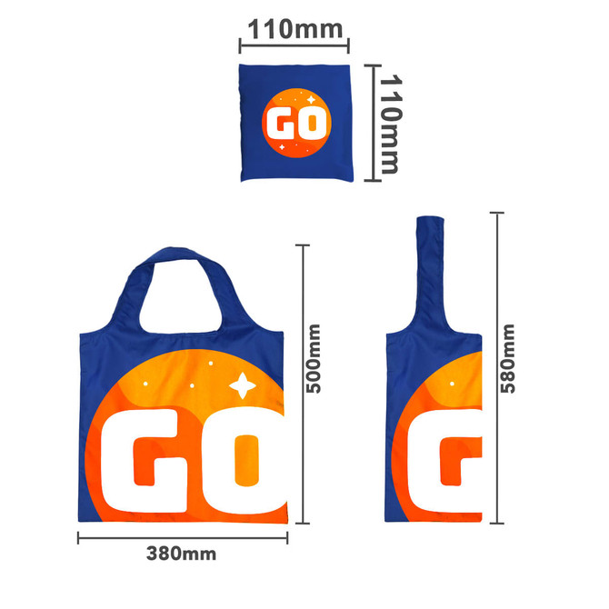 A foldable shopping bag in blue and orange, featuring a logo and dimensions displayed. It is compactly folded.