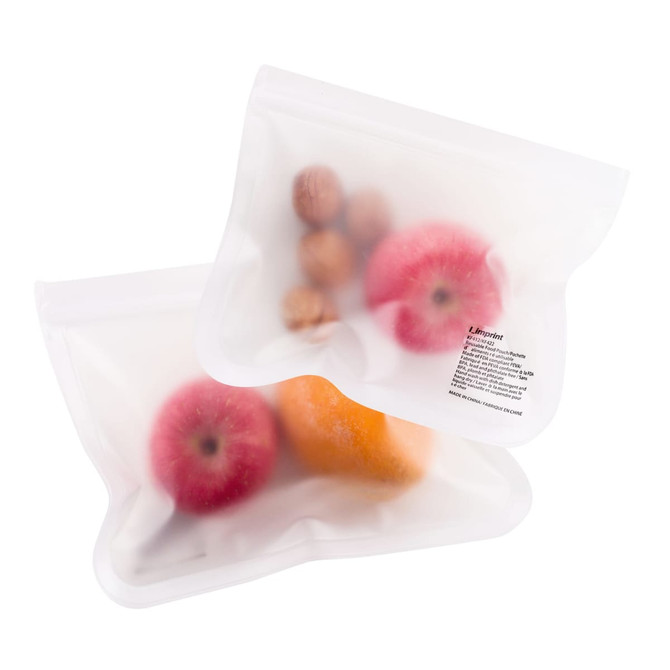 Transparent storage bags in small size, containing red apples, nuts, and an orange, with a branding logo on the side.