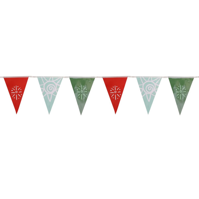 Custom paper pennant string flags featuring red and mint green triangular flags with decorative patterns.