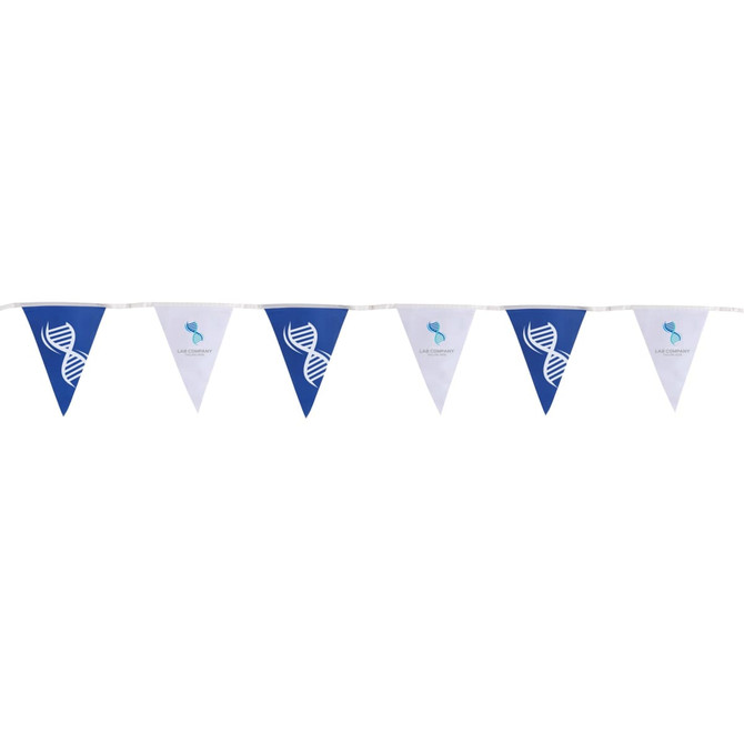Custom PVC pennant string flags in blue and white with a logo on each flag.