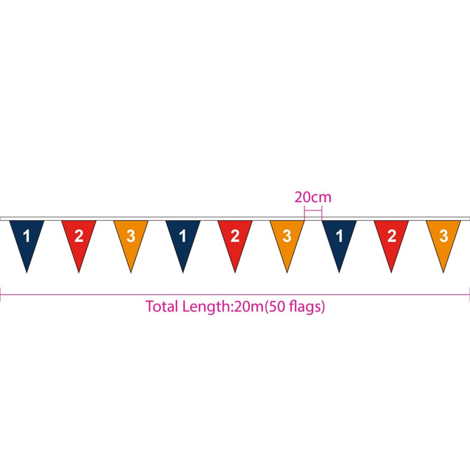 String flags in red, blue, and yellow, totaling 20 metres in length with 50 triangular pennants. Branding present.