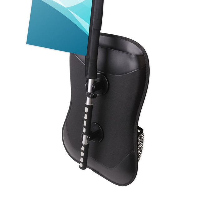 A black rectangular backpack with a flagpole attachment, featuring a mesh side pocket.