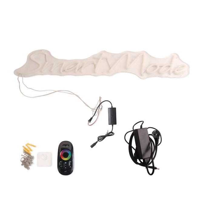 A neon LED sign with a wavy design in white, accompanied by a remote, power supply, and mounting hardware.
