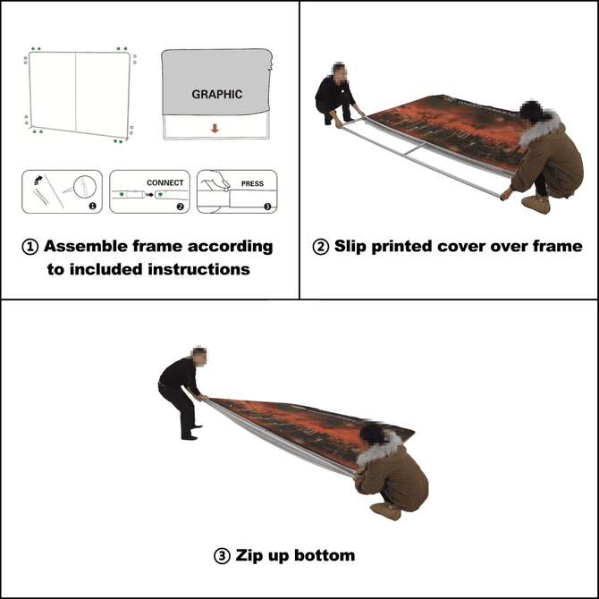 Curved Fabric Banner Stand with a printed cover being assembled, featuring steps for assembly and zipping.