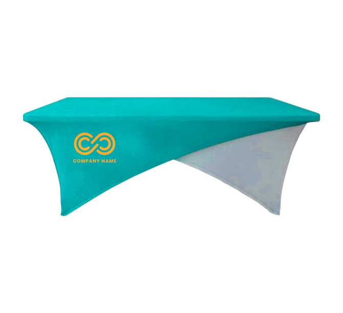 A teal and white stretch tablecloth designed for a 4ft table, featuring a logo.