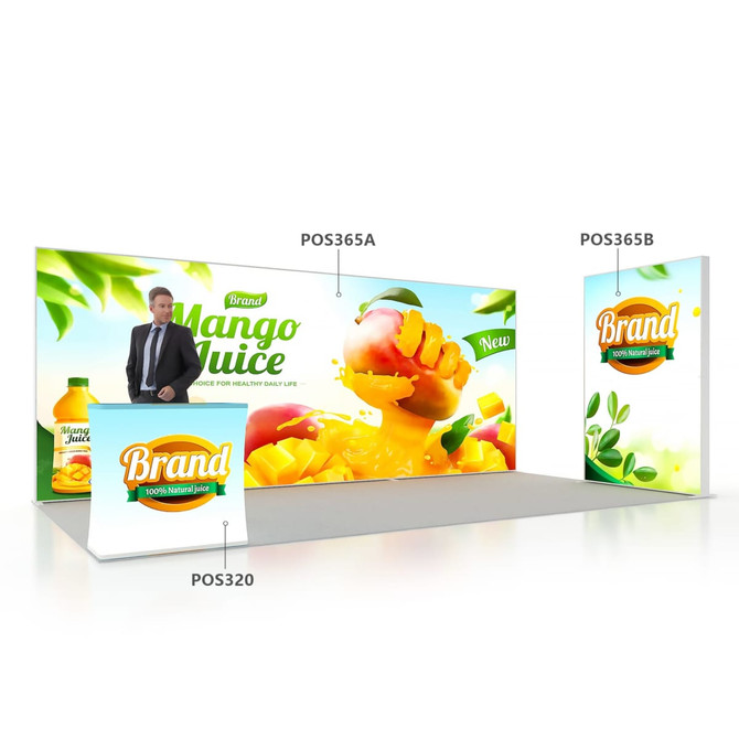 A promotional display featuring vibrant mango juice visuals, with a logo, and a grey floor setting.