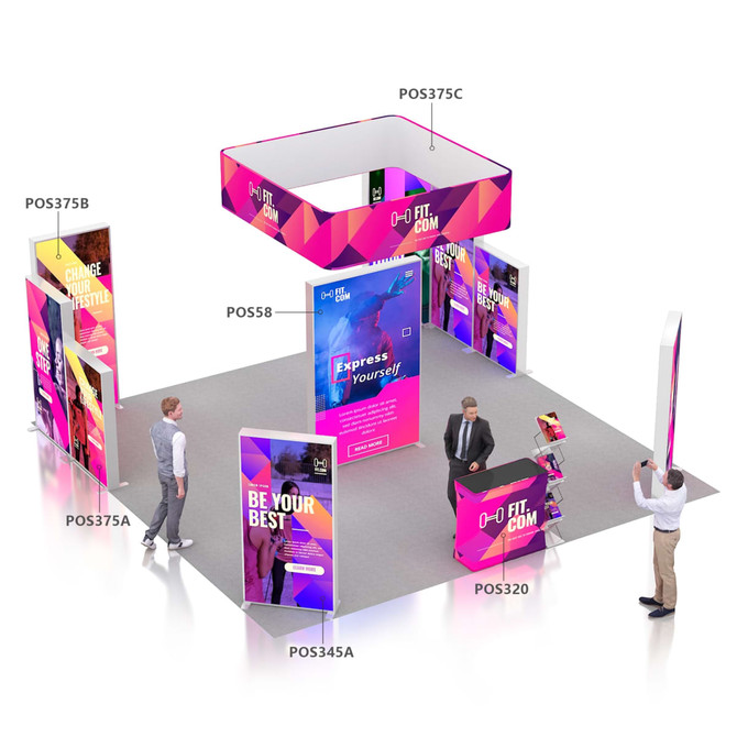 A vibrant exhibition stand featuring multiple displays, bright graphics in pink and purple, and an open design with visitors engaging.