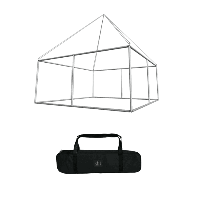 A square hanging banner frame in silver, accompanied by a black carrying bag.