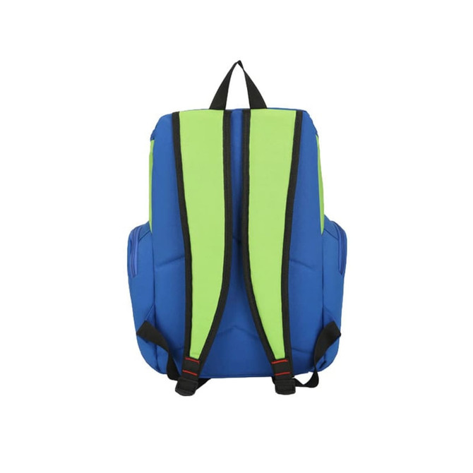 A blue and green backpack featuring padded straps and a logo, designed for carrying sports equipment.