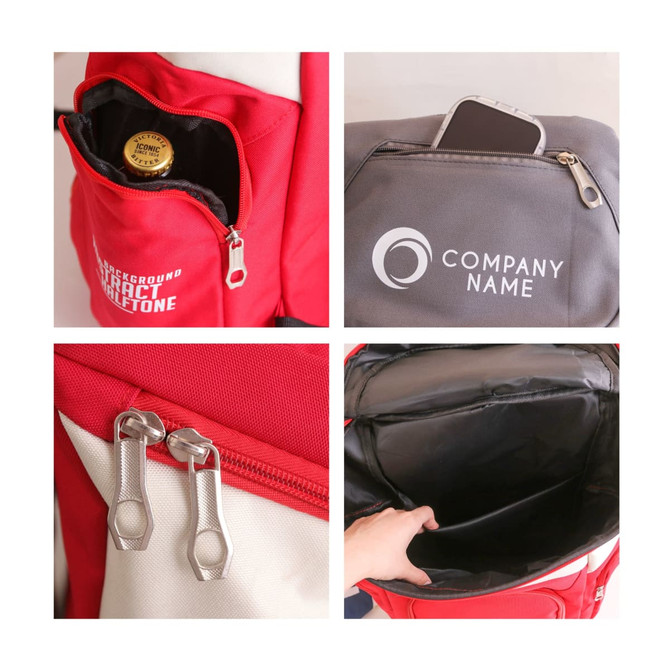A red backpack with various compartments, including a bottle holder, a phone pocket, and zipper details.