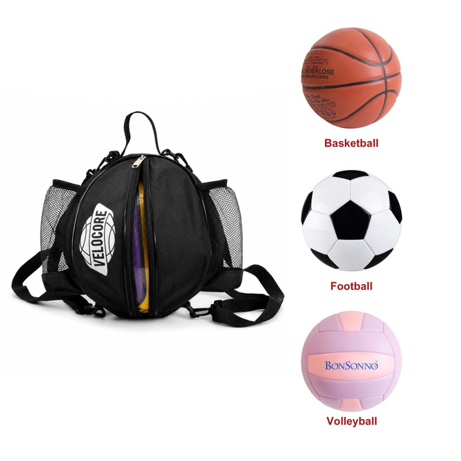 A black ball backpack with mesh sides, designed to carry multiple sport balls, including basketball, football, and volleyball.
