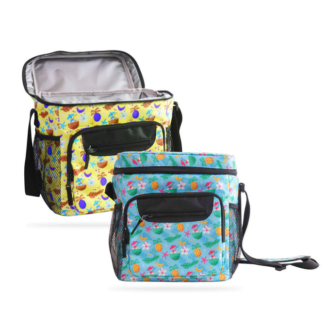A colourful cooler bag with a strap, featuring floral patterns in blue and yellow, with zippered pockets.