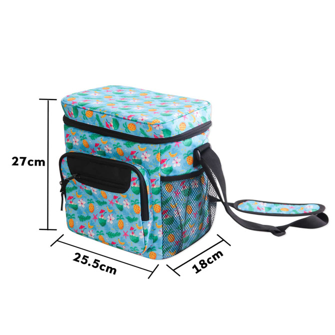 A colourful sublimation cooler bag with a strap, featuring a vibrant tropical print and mesh side pocket.
