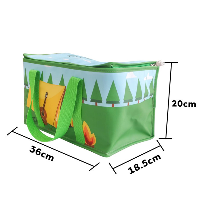 A green cooler bag with a fun camping design and green handles, featuring a zip closure and measuring 36cm x 18.5cm x 20cm.
