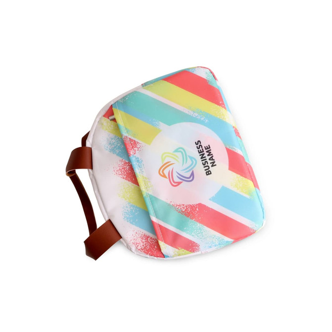 A colourful waterproof RPET cooler bag with a striped design and a logo. It features a brown strap.