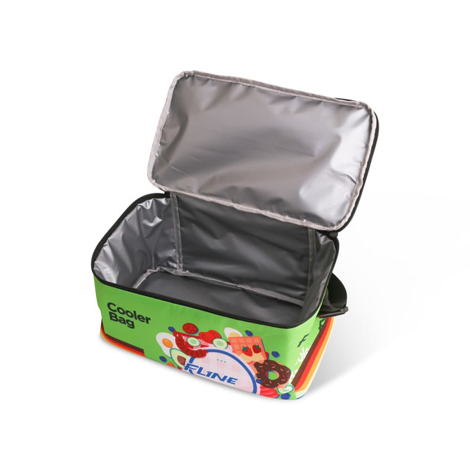 A green sublimation shoulder cooler bag with a zippered opening, featuring a lined interior and a logo.