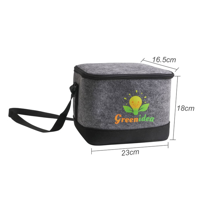 A grey felt cooler bag with a black base, featuring a logo and a detachable strap. Dimensions noted.