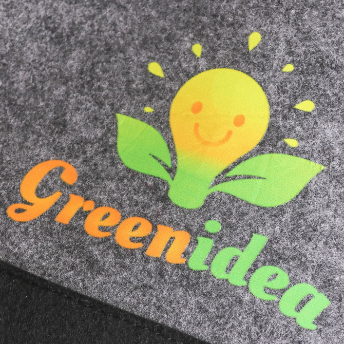 A grey felt cooler bag featuring a logo with a smiling light bulb and green leaves design.
