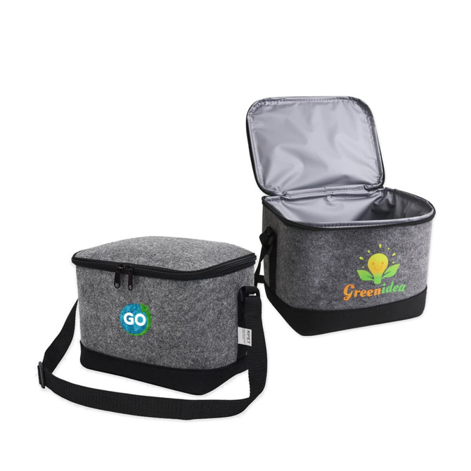 A grey felt cooler bag with a black base, featuring a shoulder strap and an open lid. Includes logo branding.