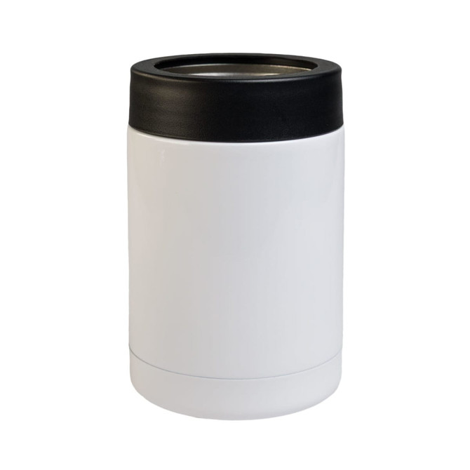A drink bottle in white with a black lid, featuring a sleek, stainless steel design and a logo.