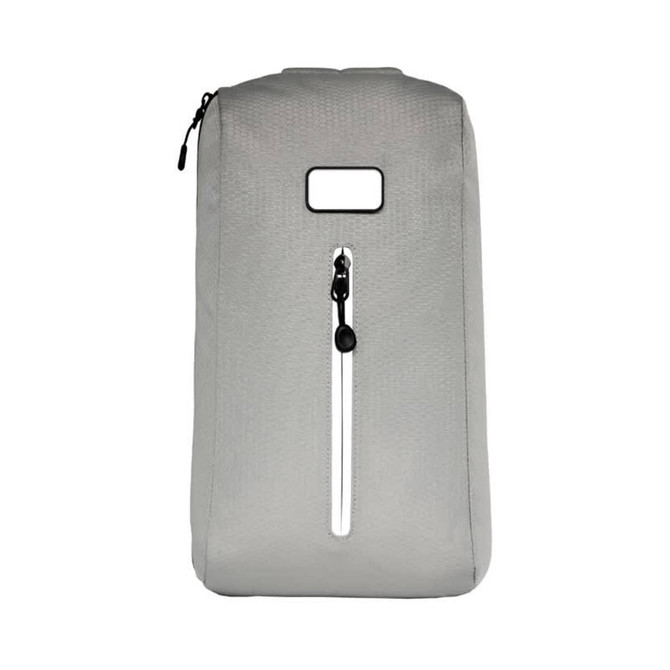 A grey eco bag with a zippered front pocket and a simple design. It features a logo on the surface.