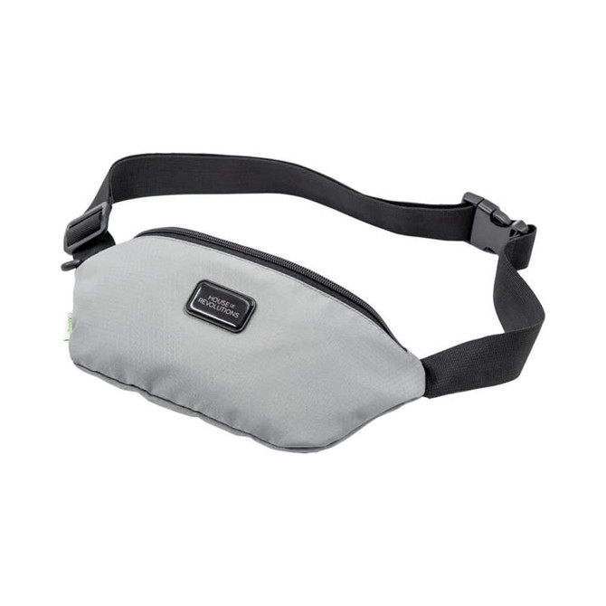 A grey eco waist bag with a black adjustable strap and a front zip pocket, featuring a logo.