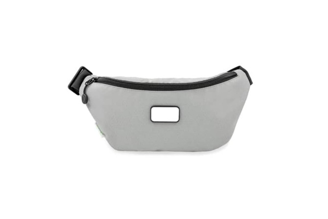 A grey eco waist bag with a zip closure and a rectangular logo patch on the front.