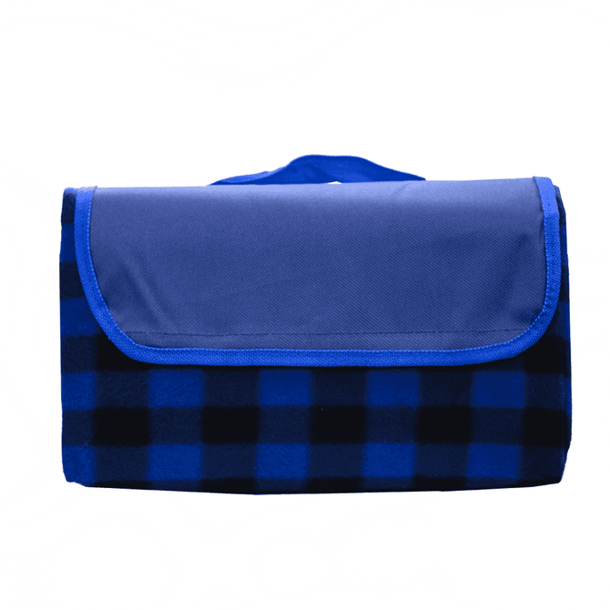 A picnic blanket in blue and black check pattern, featuring a blue flap and a carrying handle.