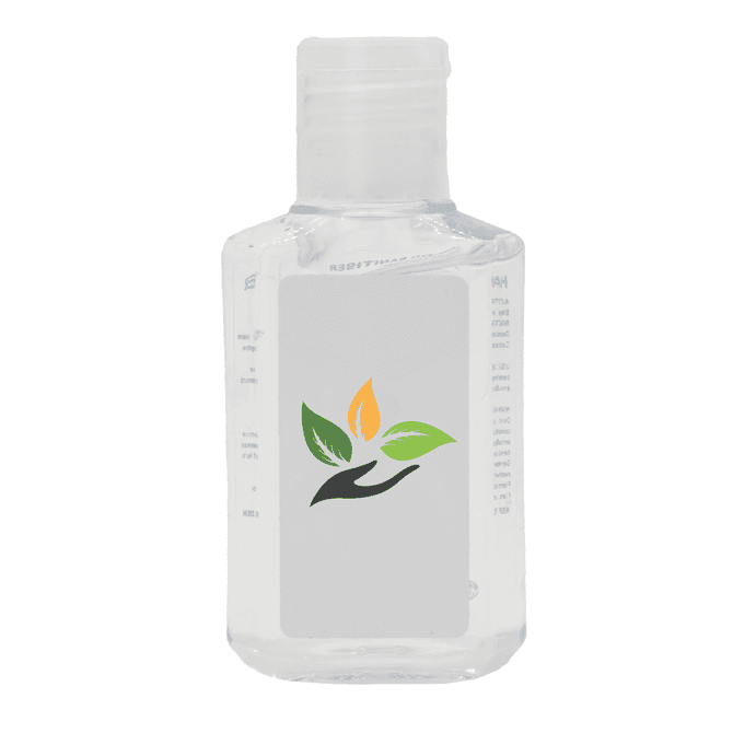 A clear 60ml hand sanitiser gel bottle with a leaf logo, featuring a lemon scent.