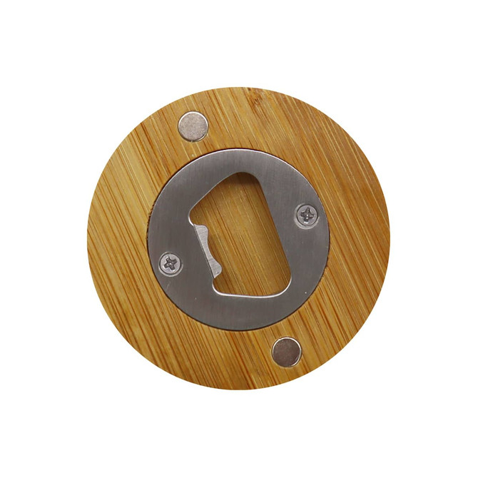 A round bamboo bottle opener with a stainless steel opening mechanism and two mounting screws.