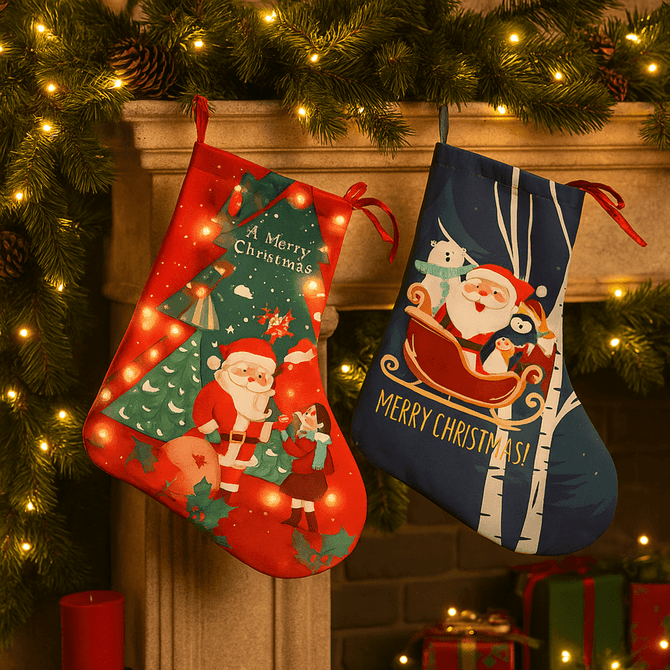 Two festive Christmas stockings hang by a decorated fireplace, one red with Santa and the other blue with a snowy scene.