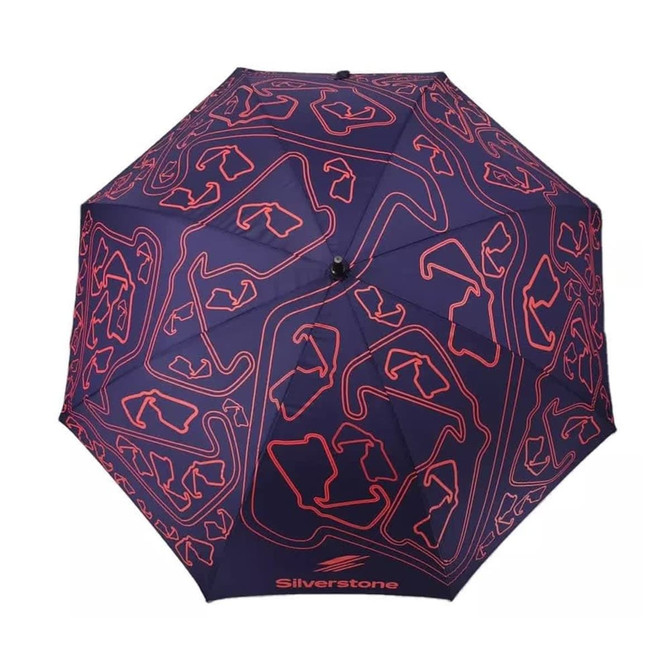 A full-colour corporate umbrella featuring a navy blue design with red graphics and a logo.